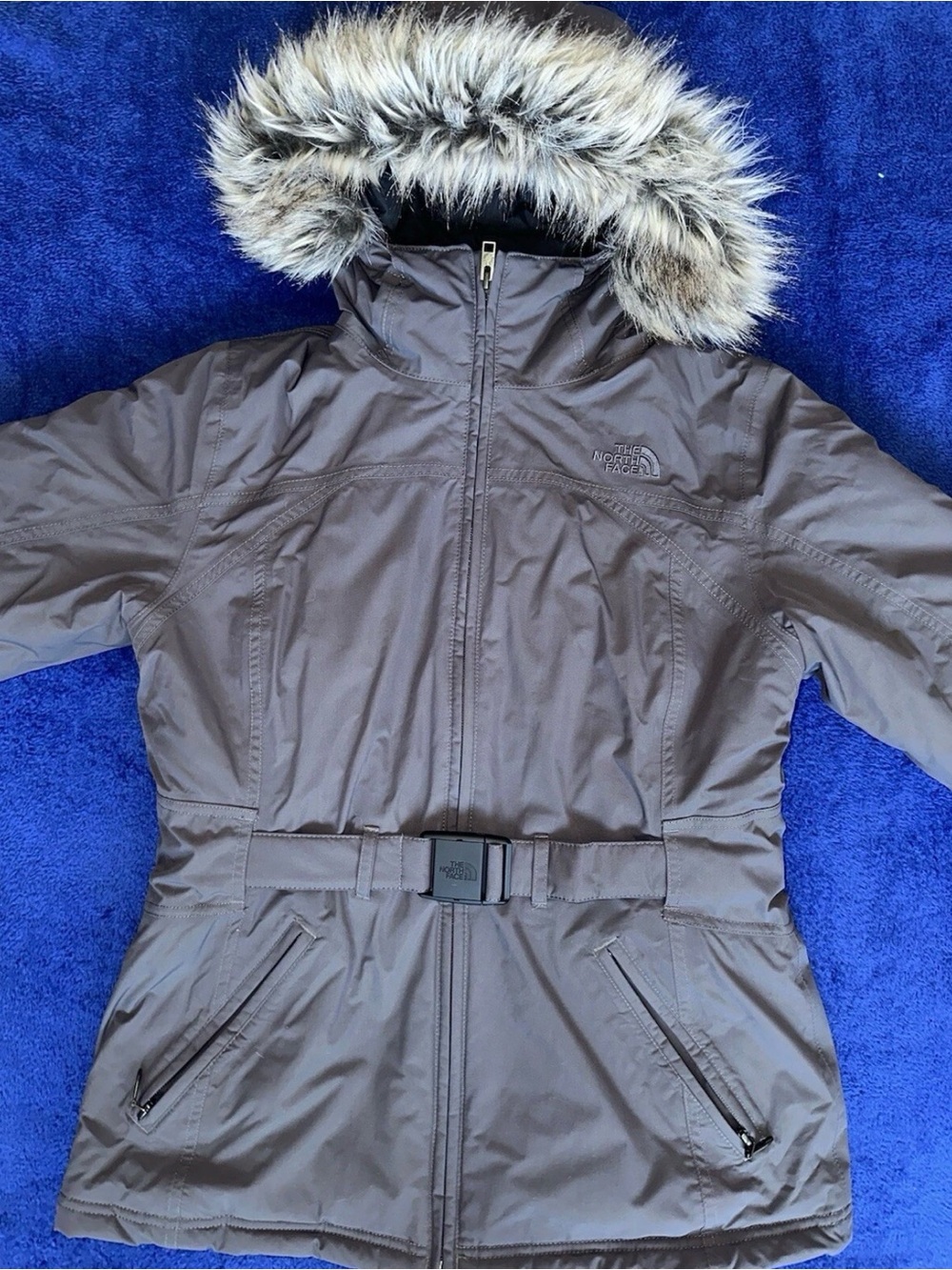 Women's The North Face Gray Goose Down Parka Fur Coat Size Medium M